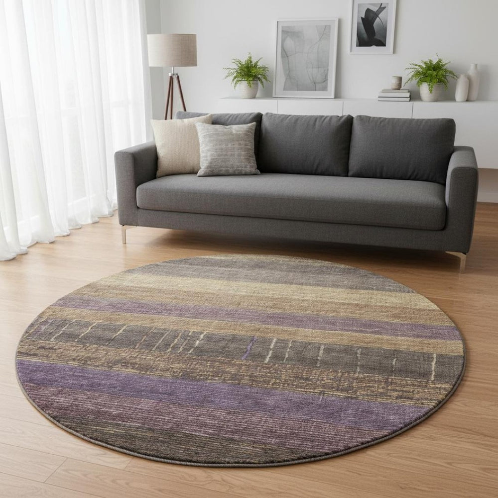HomeRoots 8' X 8' Brown Plum Gold Striped Round Rug - Washable, UV Protected, Soft, Durable & Stylish Décor 694469