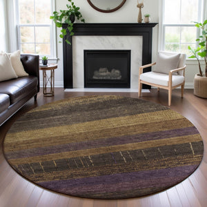 HomeRoots 8' X 8' Brown Plum Gold Striped Round Rug - Washable, UV Protected, Soft, Durable & Stylish Décor 694469