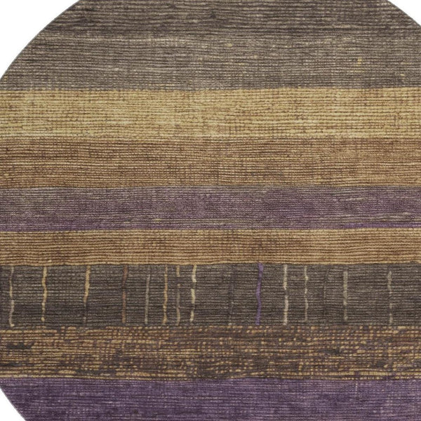 HomeRoots 8' X 8' Brown Plum Gold Striped Round Rug - Washable, UV Protected, Soft, Durable & Stylish Décor 694469