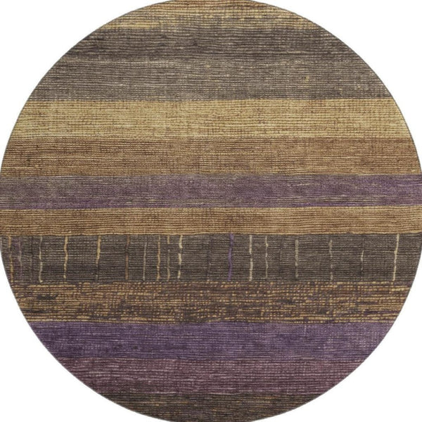 HomeRoots 8' X 8' Brown Plum Gold Striped Round Rug - Washable, UV Protected, Soft, Durable & Stylish Décor 694469