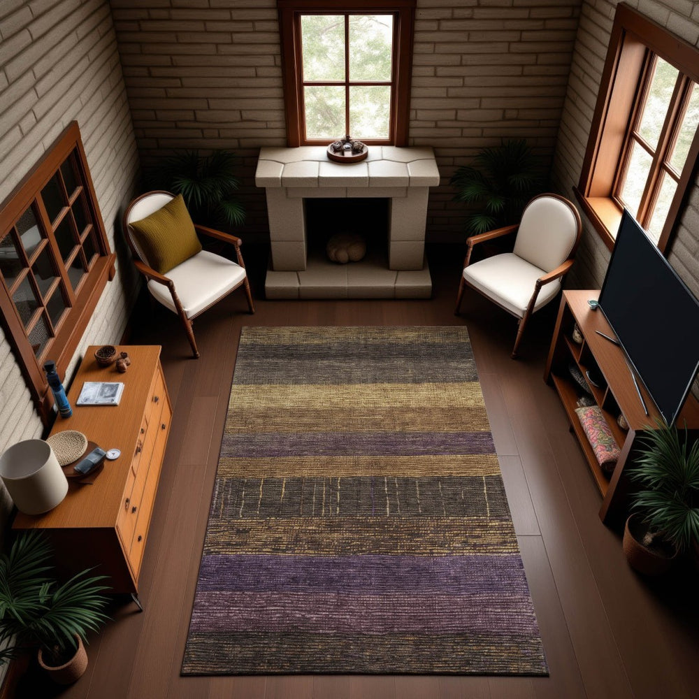 HomeRoots 9' X 12' Premium Brown Plum Gold Striped Area Rug - Durable, Washable, UV Protected for Homes 694471