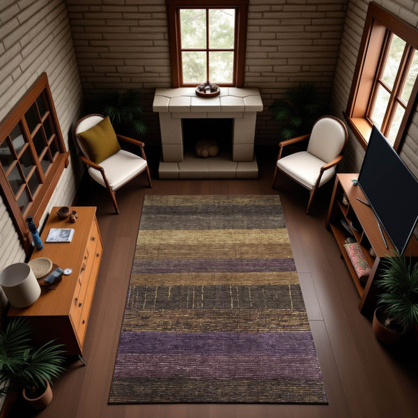 HomeRoots 9' X 12' Premium Brown Plum Gold Striped Area Rug - Durable, Washable, UV Protected for Homes 694471