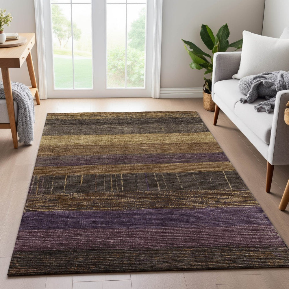 HomeRoots 9' X 12' Premium Brown Plum Gold Striped Area Rug - Durable, Washable, UV Protected for Homes 694471