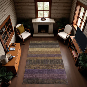 HomeRoots 10' X 14' Brown Plum Gold Striped Washable Area Rug - Durable, Stain-Resistant, UV Protected Beauty! 694472