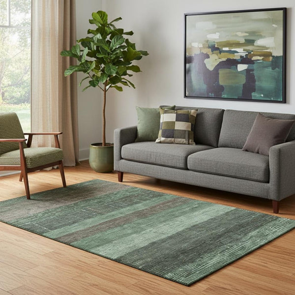 HomeRoots 5' X 8' Washable Striped Area Rug in Green and Taupe - UV Protected, Durable & Easy to Clean! 694474