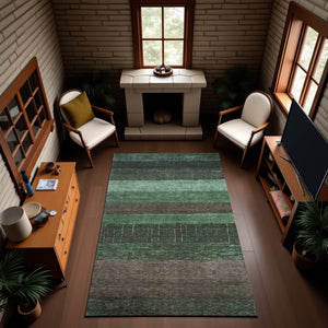 HomeRoots 5' X 8' Washable Striped Area Rug in Green and Taupe - UV Protected, Durable & Easy to Clean! 694474