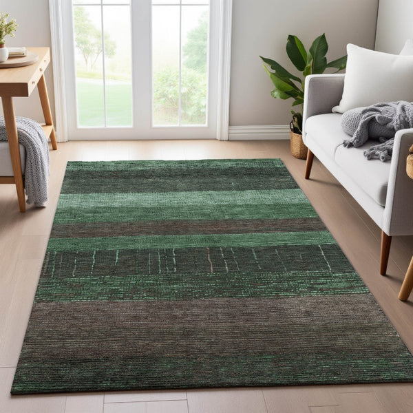 HomeRoots 5' X 8' Washable Striped Area Rug in Green and Taupe - UV Protected, Durable & Easy to Clean! 694474