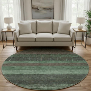 HomeRoots 8' X 8' Washable Green & Taupe Striped Round Rug with UV Protection for Stylish, High-Traffic Areas 694475