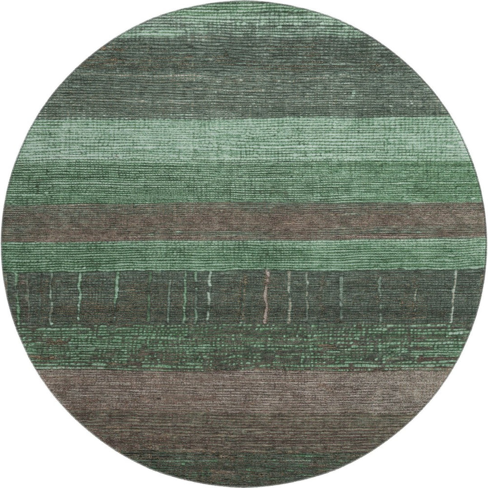 HomeRoots 8' X 8' Washable Green & Taupe Striped Round Rug with UV Protection for Stylish, High-Traffic Areas 694475