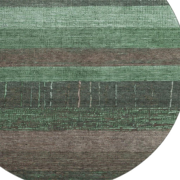HomeRoots 8' X 8' Washable Green & Taupe Striped Round Rug with UV Protection for Stylish, High-Traffic Areas 694475