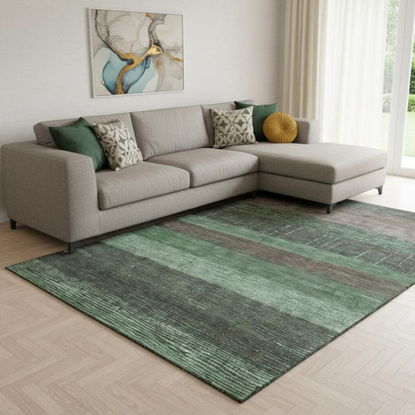 HomeRoots 8' Green and Taupe Striped Washable Area Rug with UV Protection - Perfect for Kids and Pets, Easy Care! 694476