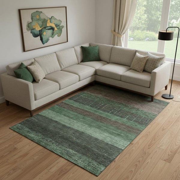 HomeRoots 9' X 12' Green & Taupe Striped Washable Area Rug with UV Protection for Stylish & Durable Living Spaces 694477