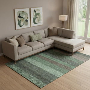 HomeRoots 10' X 14' Green And Taupe Striped Washable Area Rug with UV Protection for High-Traffic Homes 694478