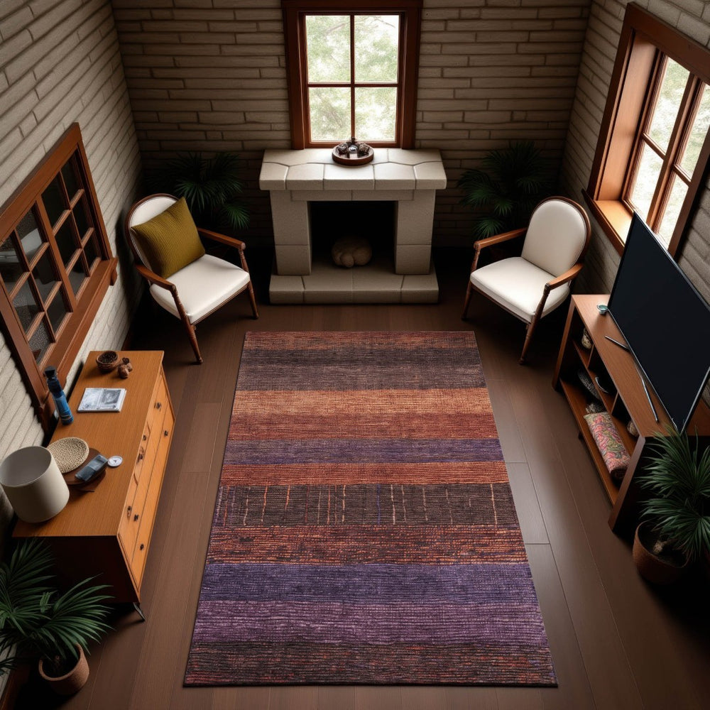 HomeRoots 9' X 12' Washable Striped Area Rug - Rust, Eggplant & Terra Cotta with UV Protection for Busy Homes 694483
