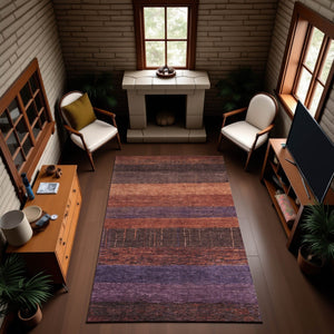 HomeRoots 9' X 12' Washable Striped Area Rug - Rust, Eggplant & Terra Cotta with UV Protection for Busy Homes 694483