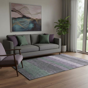 HomeRoots 5' X 8' Vibrant Purple & Olive Green Striped Area Rug – Washable, UV Protected, Stain Resistant! 694486
