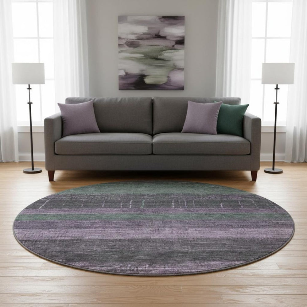 HomeRoots 8' X 8' Striped Round Rug in Vibrant Purple & Olive Green – Washable, UV-Protected, Non-Slip Design 694487