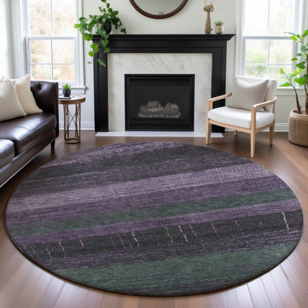 HomeRoots 8' X 8' Striped Round Rug in Vibrant Purple & Olive Green – Washable, UV-Protected, Non-Slip Design 694487