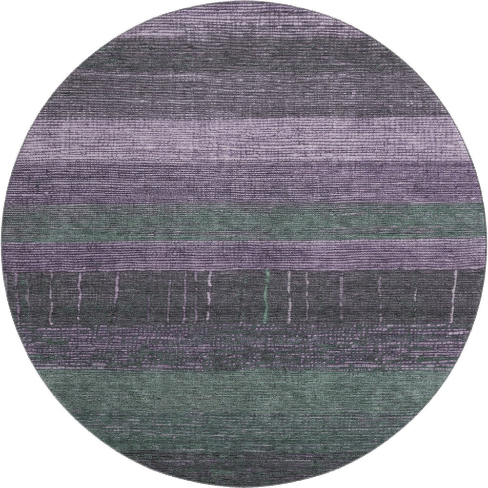 HomeRoots 8' X 8' Striped Round Rug in Vibrant Purple & Olive Green – Washable, UV-Protected, Non-Slip Design 694487
