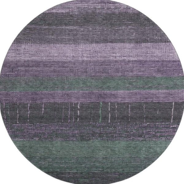 HomeRoots 8' X 8' Striped Round Rug in Vibrant Purple & Olive Green – Washable, UV-Protected, Non-Slip Design 694487