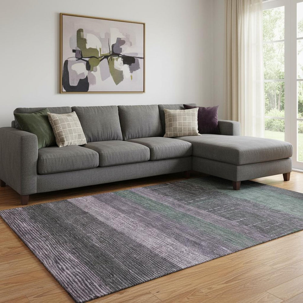 HomeRoots 8' Bold Purple & Olive Green Striped Washable Area Rug - Durable, UV-Protected, Easy-Care Design 694488