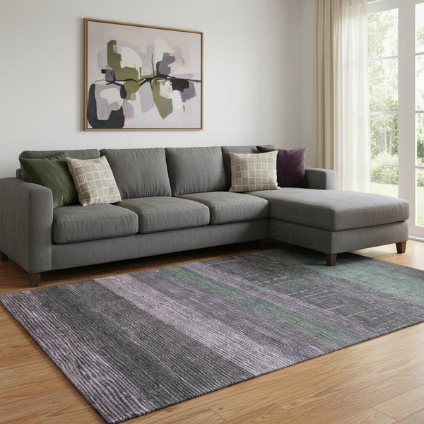 HomeRoots 8' Bold Purple & Olive Green Striped Washable Area Rug - Durable, UV-Protected, Easy-Care Design 694488