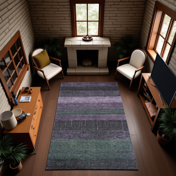 HomeRoots 8' Bold Purple & Olive Green Striped Washable Area Rug - Durable, UV-Protected, Easy-Care Design 694488