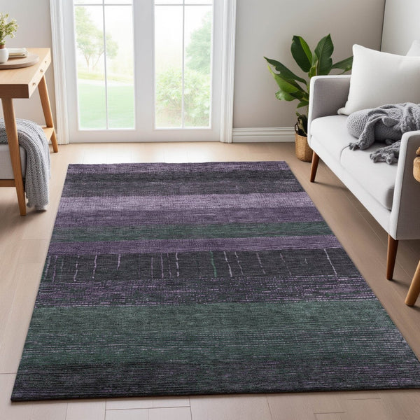 HomeRoots 8' Bold Purple & Olive Green Striped Washable Area Rug - Durable, UV-Protected, Easy-Care Design 694488