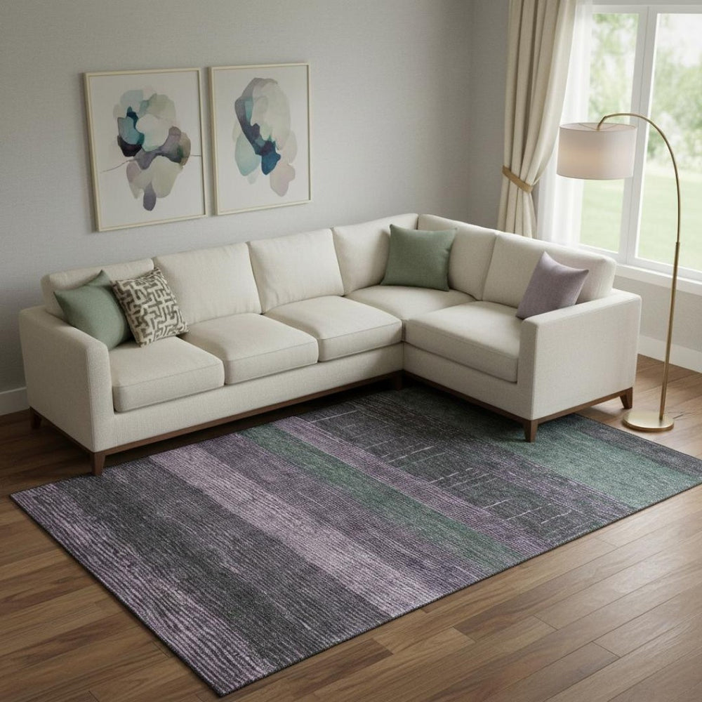 HomeRoots 9' X 12' Washable Purple and Olive Green Striped Area Rug with UV Protection for Busy Homes 694489