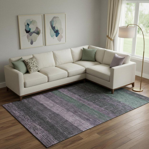 HomeRoots 9' X 12' Washable Purple and Olive Green Striped Area Rug with UV Protection for Busy Homes 694489