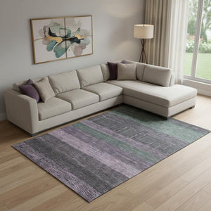 HomeRoots 10' X 14' Striped Area Rug in Purple & Olive Green - Washable, UV Protected, & Stain Resistant Design 694490