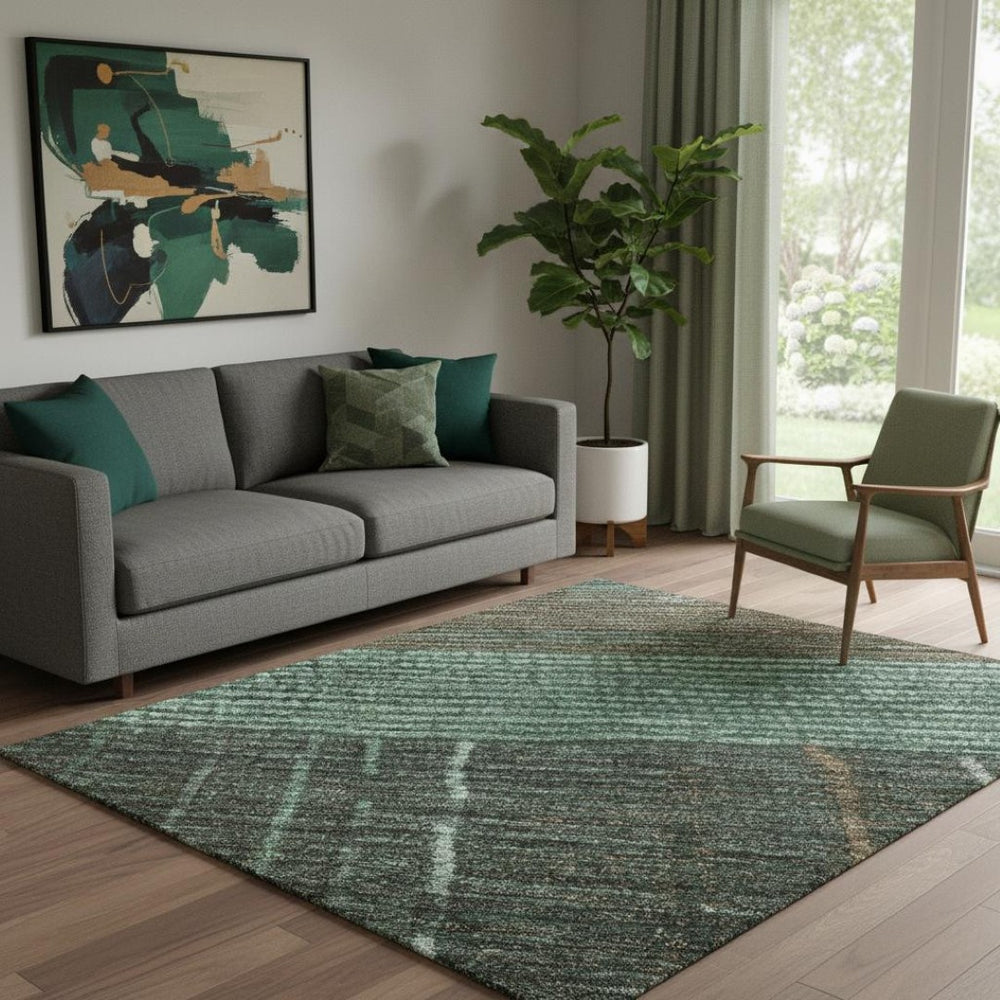 HomeRoots 5' X 8' Striped Area Rug in Teal, Taupe & Sage - Washable, UV-Protected & Perfect for Family Homes 694492