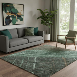 HomeRoots 5' X 8' Striped Area Rug in Teal, Taupe & Sage - Washable, UV-Protected & Perfect for Family Homes 694492