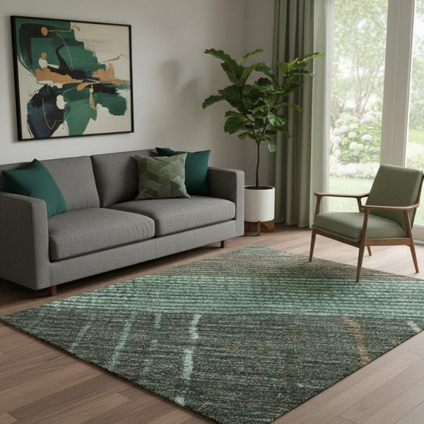 HomeRoots 5' X 8' Striped Area Rug in Teal, Taupe & Sage - Washable, UV-Protected & Perfect for Family Homes 694492