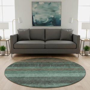 HomeRoots 8' X 8' Striped Round Rug in Teal, Taupe & Sage – Washable, UV-Protected, Durable for Active Homes 694493