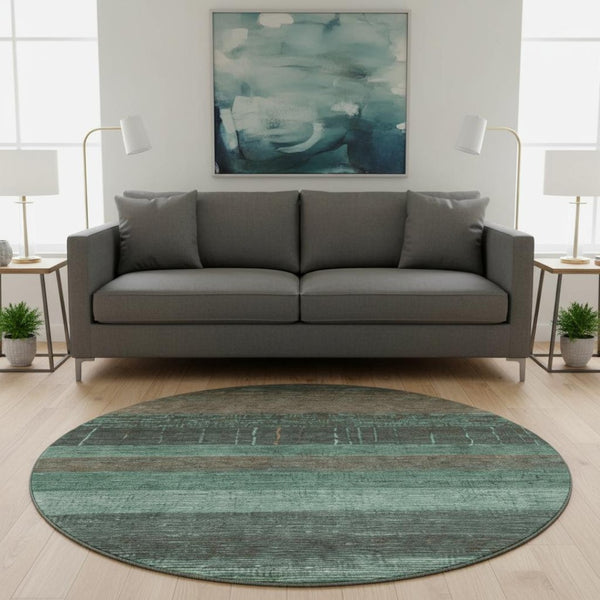 HomeRoots 8' X 8' Striped Round Rug in Teal, Taupe & Sage – Washable, UV-Protected, Durable for Active Homes 694493