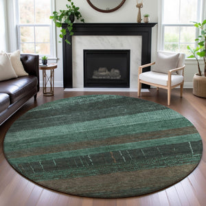 HomeRoots 8' X 8' Striped Round Rug in Teal, Taupe & Sage – Washable, UV-Protected, Durable for Active Homes 694493