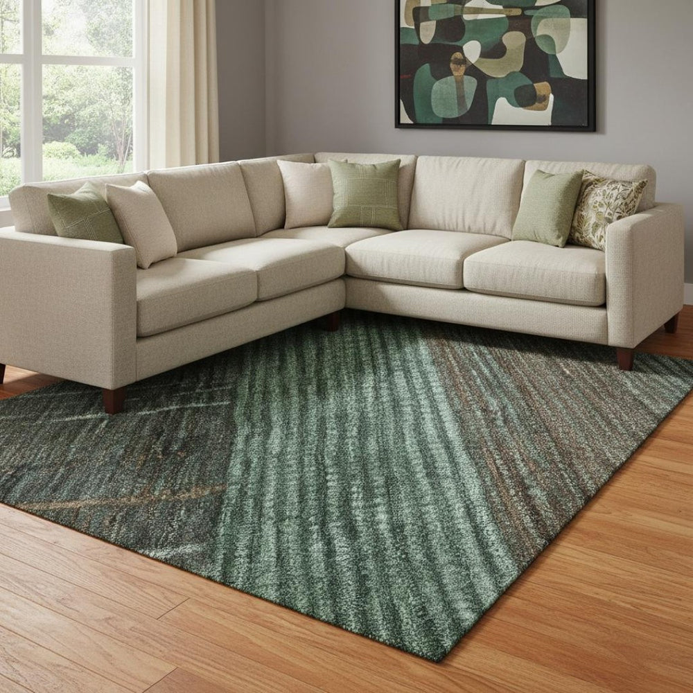 HomeRoots 8' Teal Taupe & Sage Striped Area Rug - Washable, UV Protected, Stain Resistant for Busy Homes 694494