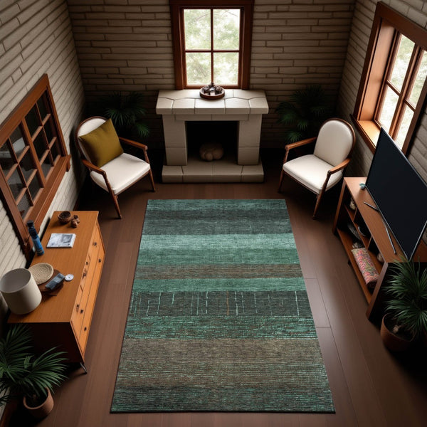 HomeRoots 9' X 12' Teal, Taupe & Sage Striped Washable Area Rug - UV Protected, Durable & Easy Care Design 694495
