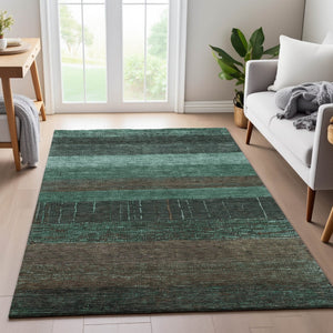 HomeRoots 10' Washable Teal Taupe & Sage Striped Area Rug - UV Protected, Stain Resistant, Durable Design 694496
