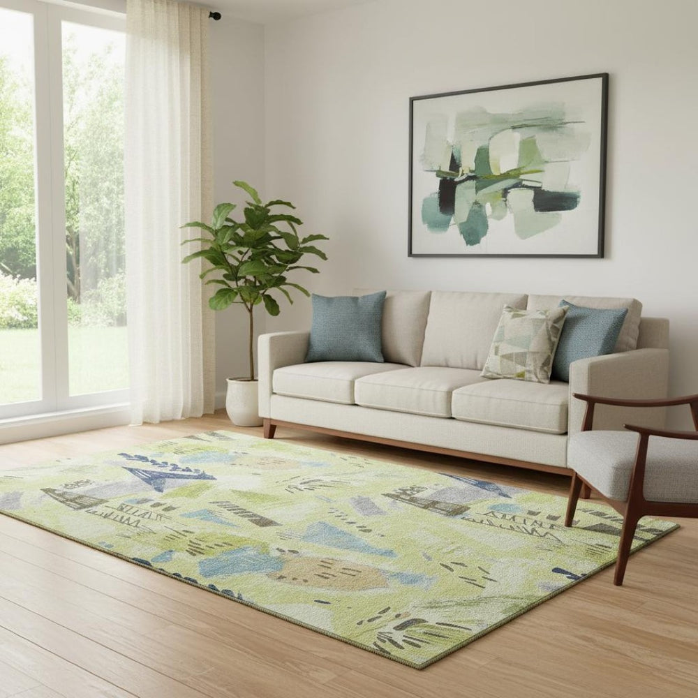HomeRoots 5' X 8' Artichoke Green Geometric Washable Area Rug – UV Protected, Durable & Low-Maintenance Design 694498