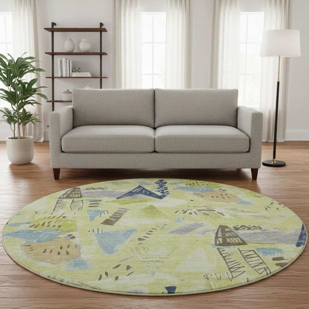 HomeRoots 8' Round Artichoke Green & Blue Geometric Washable Rug with UV Protection - Stylish, Durable Decor 694499