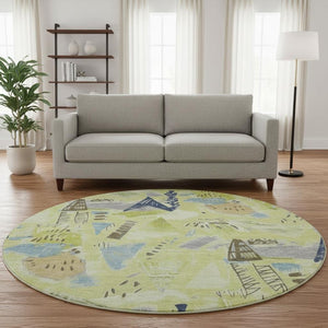 HomeRoots 8' Round Artichoke Green & Blue Geometric Washable Rug with UV Protection - Stylish, Durable Decor 694499