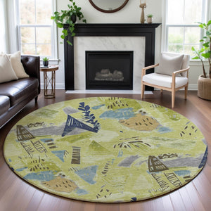 HomeRoots 8' Round Artichoke Green & Blue Geometric Washable Rug with UV Protection - Stylish, Durable Decor 694499