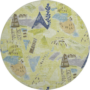 HomeRoots 8' Round Artichoke Green & Blue Geometric Washable Rug with UV Protection - Stylish, Durable Decor 694499