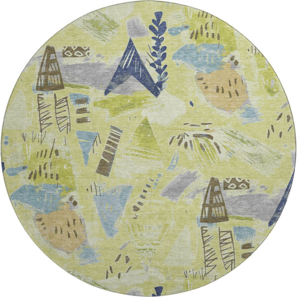 HomeRoots 8' Round Artichoke Green & Blue Geometric Washable Rug with UV Protection - Stylish, Durable Decor 694499