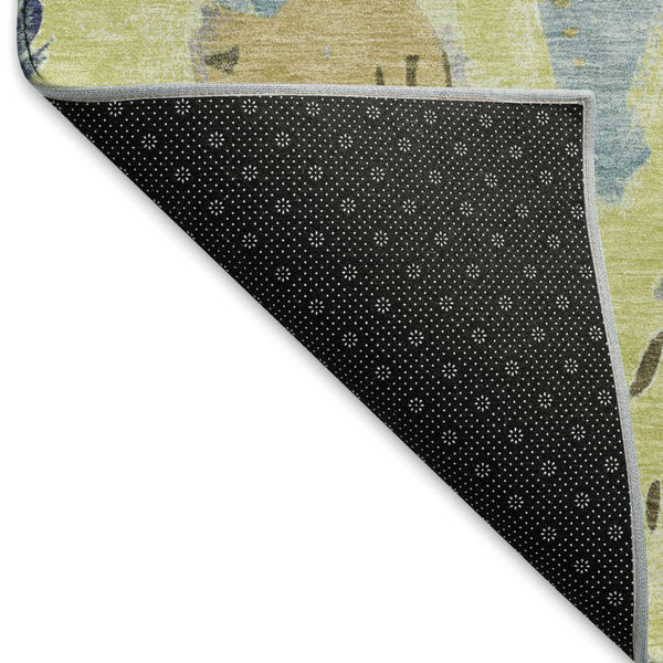 HomeRoots 8' Round Artichoke Green & Blue Geometric Washable Rug with UV Protection - Stylish, Durable Decor 694499