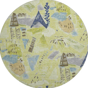HomeRoots 8' Round Artichoke Green & Blue Geometric Washable Rug with UV Protection - Stylish, Durable Decor 694499
