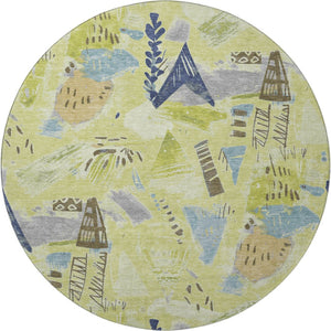 HomeRoots 8' Round Artichoke Green & Blue Geometric Washable Rug with UV Protection - Stylish, Durable Decor 694499