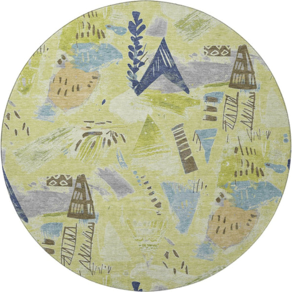 HomeRoots 8' Round Artichoke Green & Blue Geometric Washable Rug with UV Protection - Stylish, Durable Decor 694499